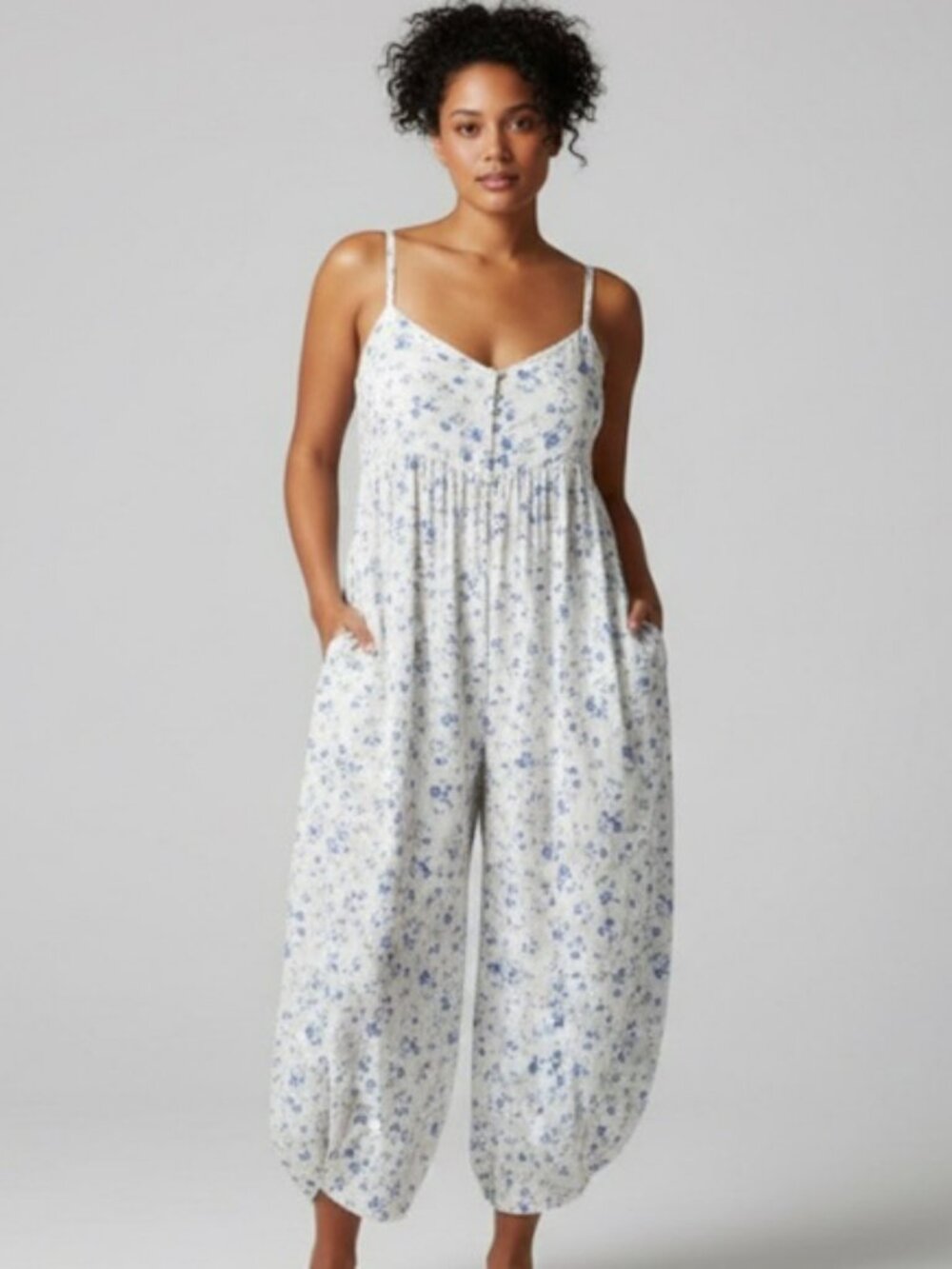 By Anthropologie Blue Floral Balloon Leg Jumpsuit Medium Oversized Lounge